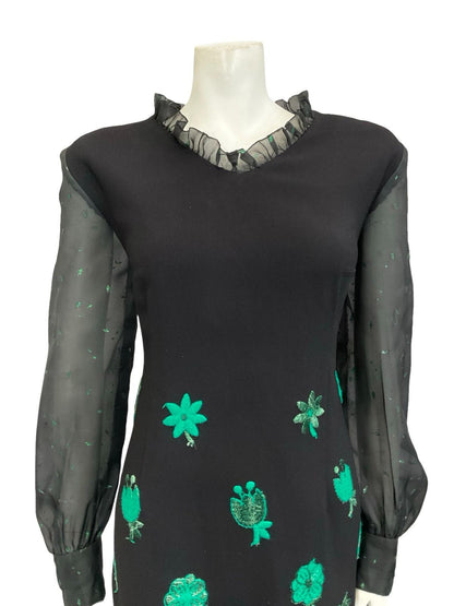 VTG 60S 70S BLACK GREEN LUREX FLORAL EMBROIDERED RUFFLE NECK MESH DRESS 12 14