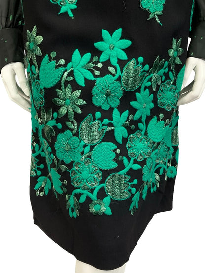 VTG 60S 70S BLACK GREEN LUREX FLORAL EMBROIDERED RUFFLE NECK MESH DRESS 12 14