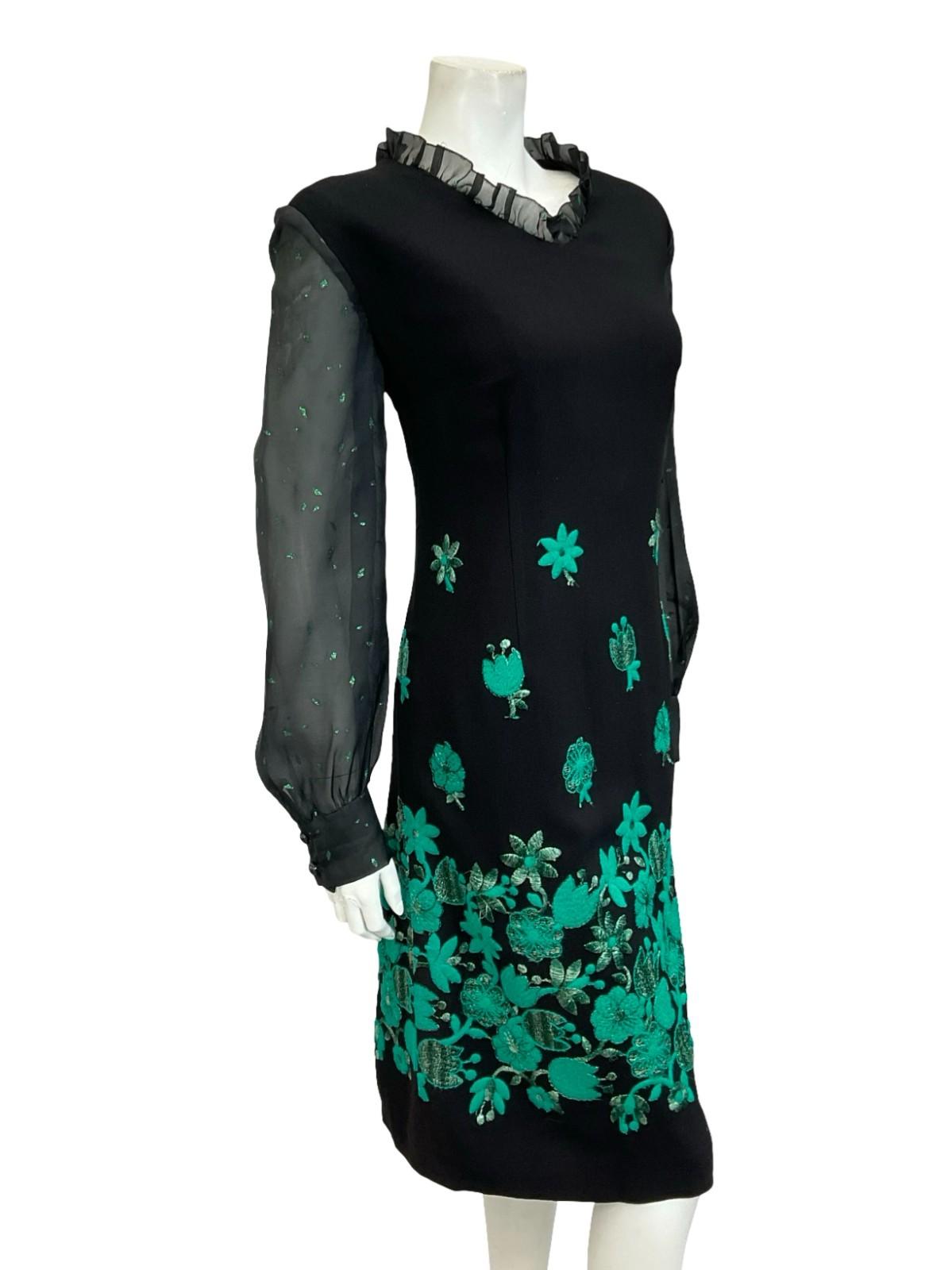 VTG 60S 70S BLACK GREEN LUREX FLORAL EMBROIDERED RUFFLE NECK MESH DRESS 12 14