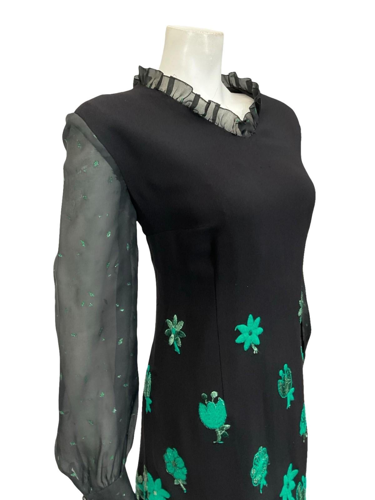 VTG 60S 70S BLACK GREEN LUREX FLORAL EMBROIDERED RUFFLE NECK MESH DRESS 12 14