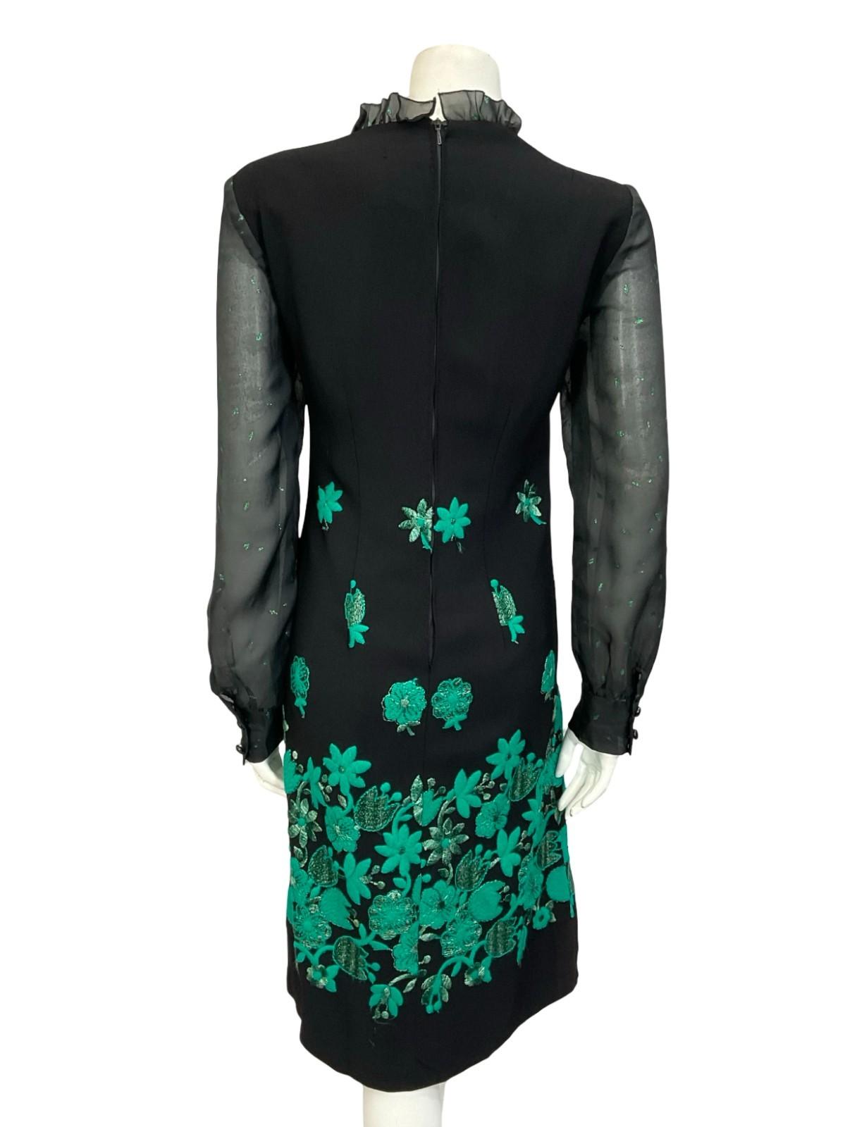 VTG 60S 70S BLACK GREEN LUREX FLORAL EMBROIDERED RUFFLE NECK MESH DRESS 12 14