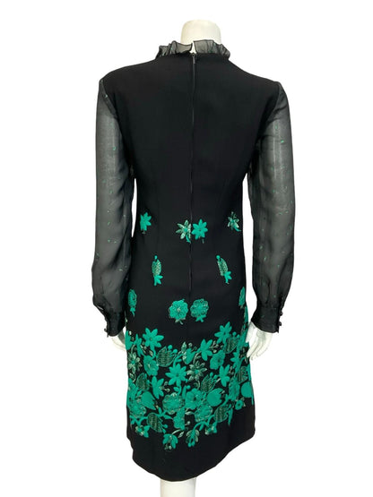 VTG 60S 70S BLACK GREEN LUREX FLORAL EMBROIDERED RUFFLE NECK MESH DRESS 12 14