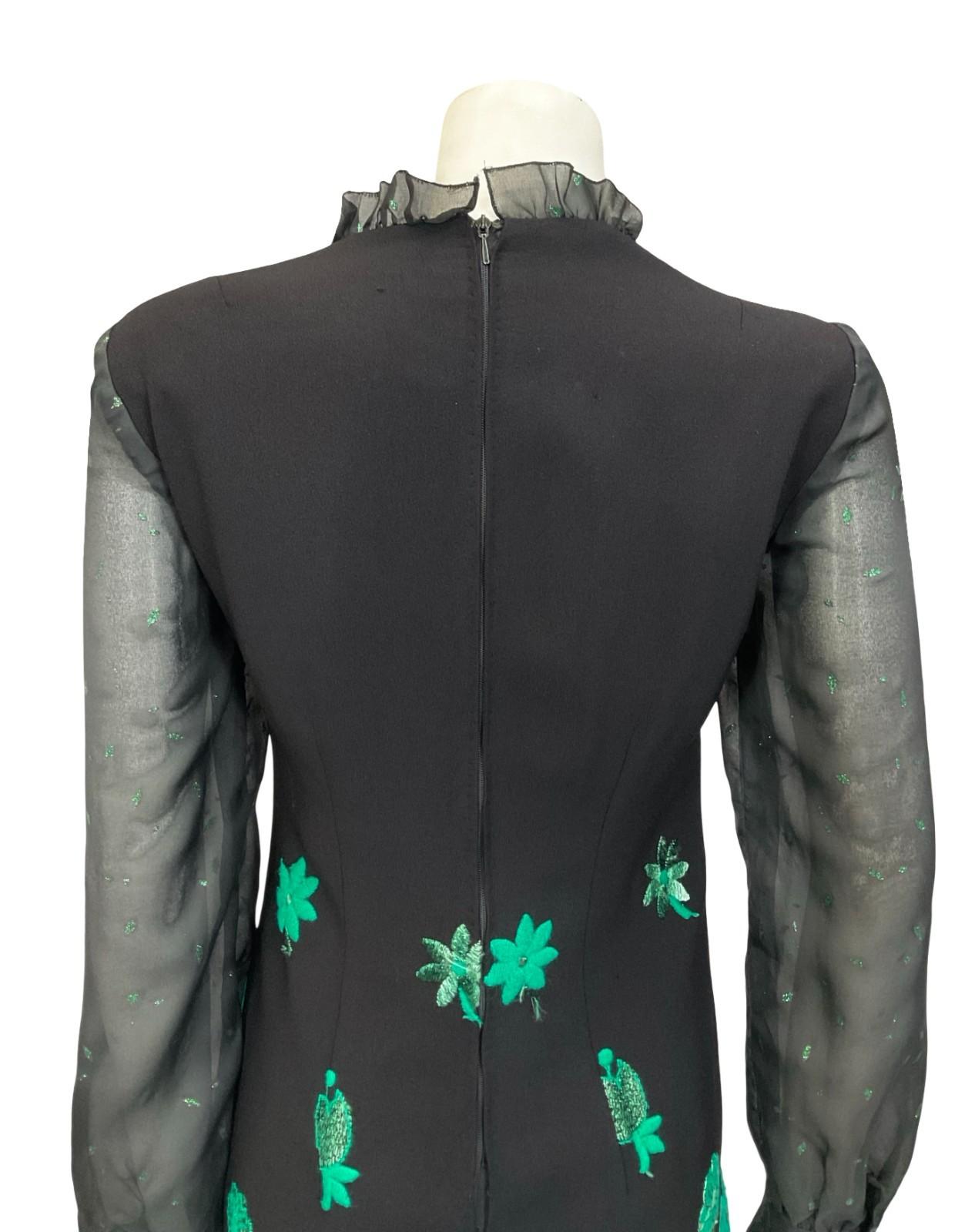 VTG 60S 70S BLACK GREEN LUREX FLORAL EMBROIDERED RUFFLE NECK MESH DRESS 12 14