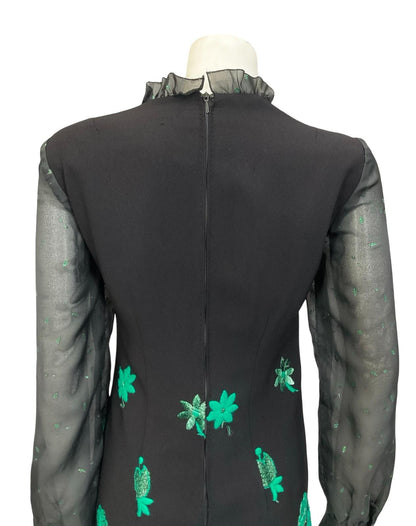 VTG 60S 70S BLACK GREEN LUREX FLORAL EMBROIDERED RUFFLE NECK MESH DRESS 12 14