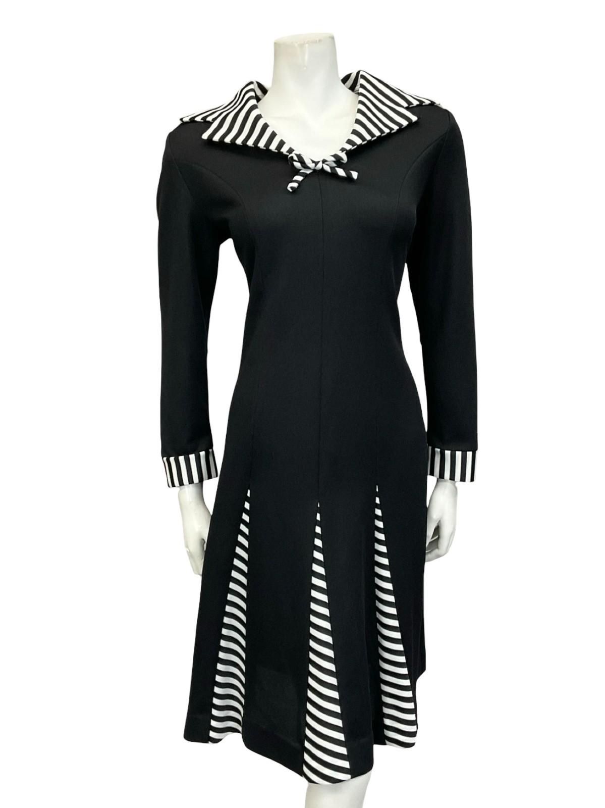 VTG 60S 70S BLACK WHITE SAILOR DAGGER COLLAR STRIPE GODET SHIRT DRESS 12 14 M