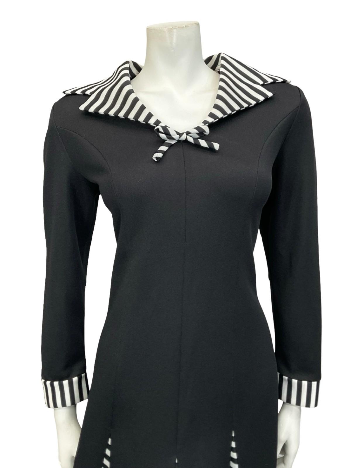 VTG 60S 70S BLACK WHITE SAILOR DAGGER COLLAR STRIPE GODET SHIRT DRESS 12 14 M