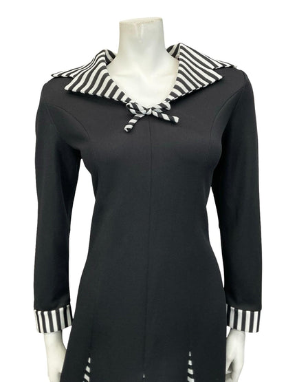 VTG 60S 70S BLACK WHITE SAILOR DAGGER COLLAR STRIPE GODET SHIRT DRESS 12 14 M