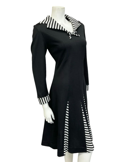 VTG 60S 70S BLACK WHITE SAILOR DAGGER COLLAR STRIPE GODET SHIRT DRESS 12 14 M