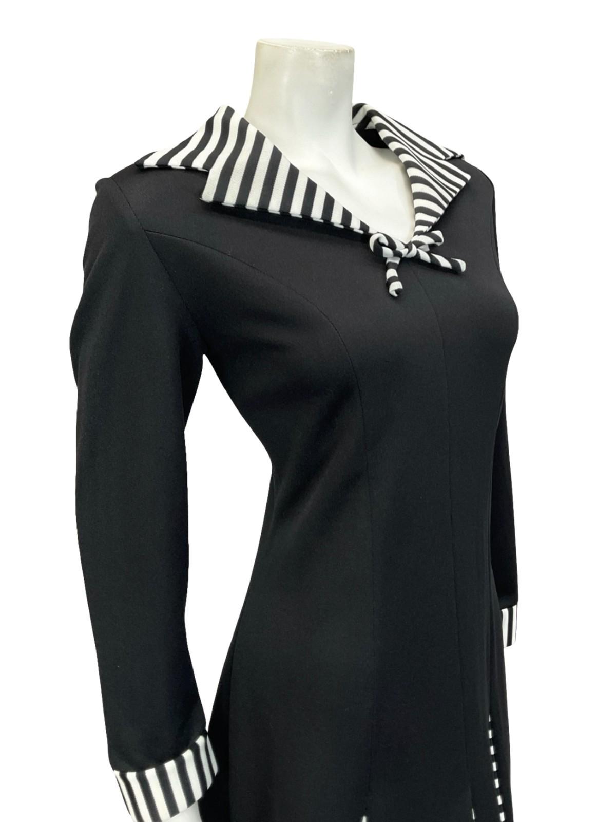 VTG 60S 70S BLACK WHITE SAILOR DAGGER COLLAR STRIPE GODET SHIRT DRESS 12 14 M