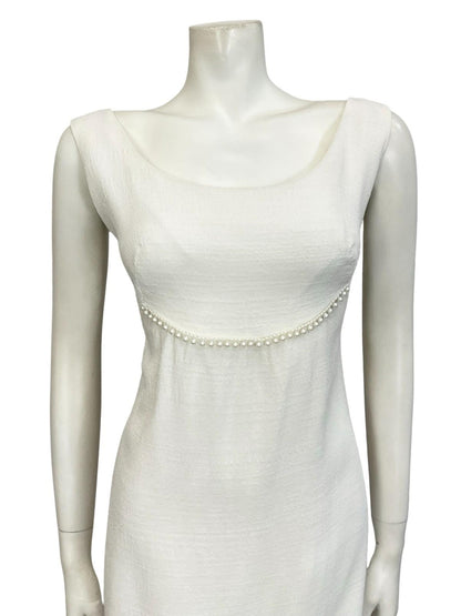 VTG 60S OFF WHITE PEARL BRIDAL SHIMMERY EMPIRE MOD GOGO PARTY MINI DRESS 12