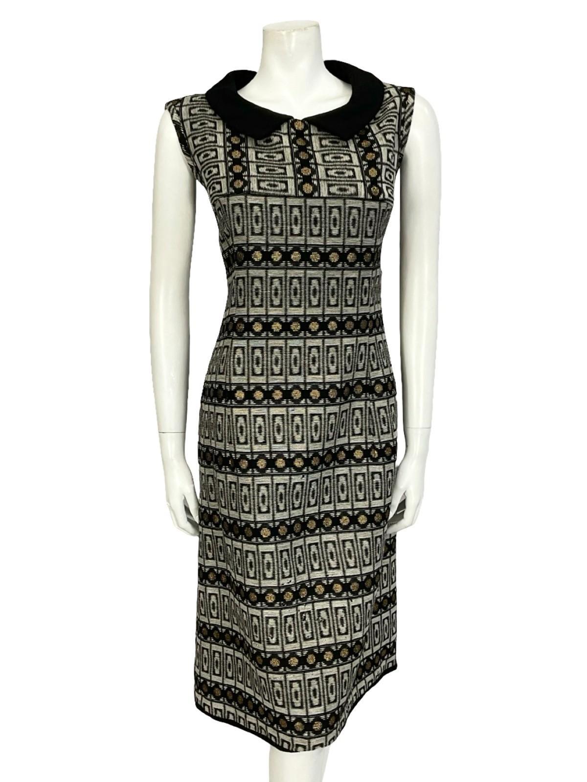 VTG 60S 70S BLACK GREY GOLD MOD GEOMETRIC PETER PAN COLLAR SHIFT DRESS 12 14 M
