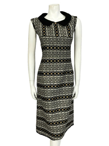 VTG 60S 70S BLACK GREY GOLD MOD GEOMETRIC PETER PAN COLLAR SHIFT DRESS 12 14 M