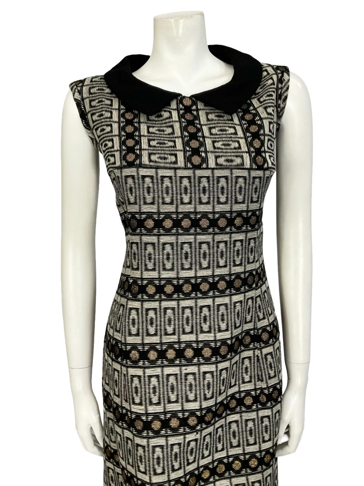 VTG 60S 70S BLACK GREY GOLD MOD GEOMETRIC PETER PAN COLLAR SHIFT DRESS 12 14 M