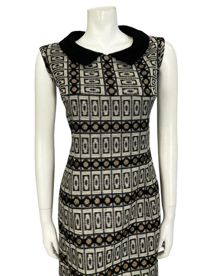 VTG 60S 70S BLACK GREY GOLD MOD GEOMETRIC PETER PAN COLLAR SHIFT DRESS 12 14 M