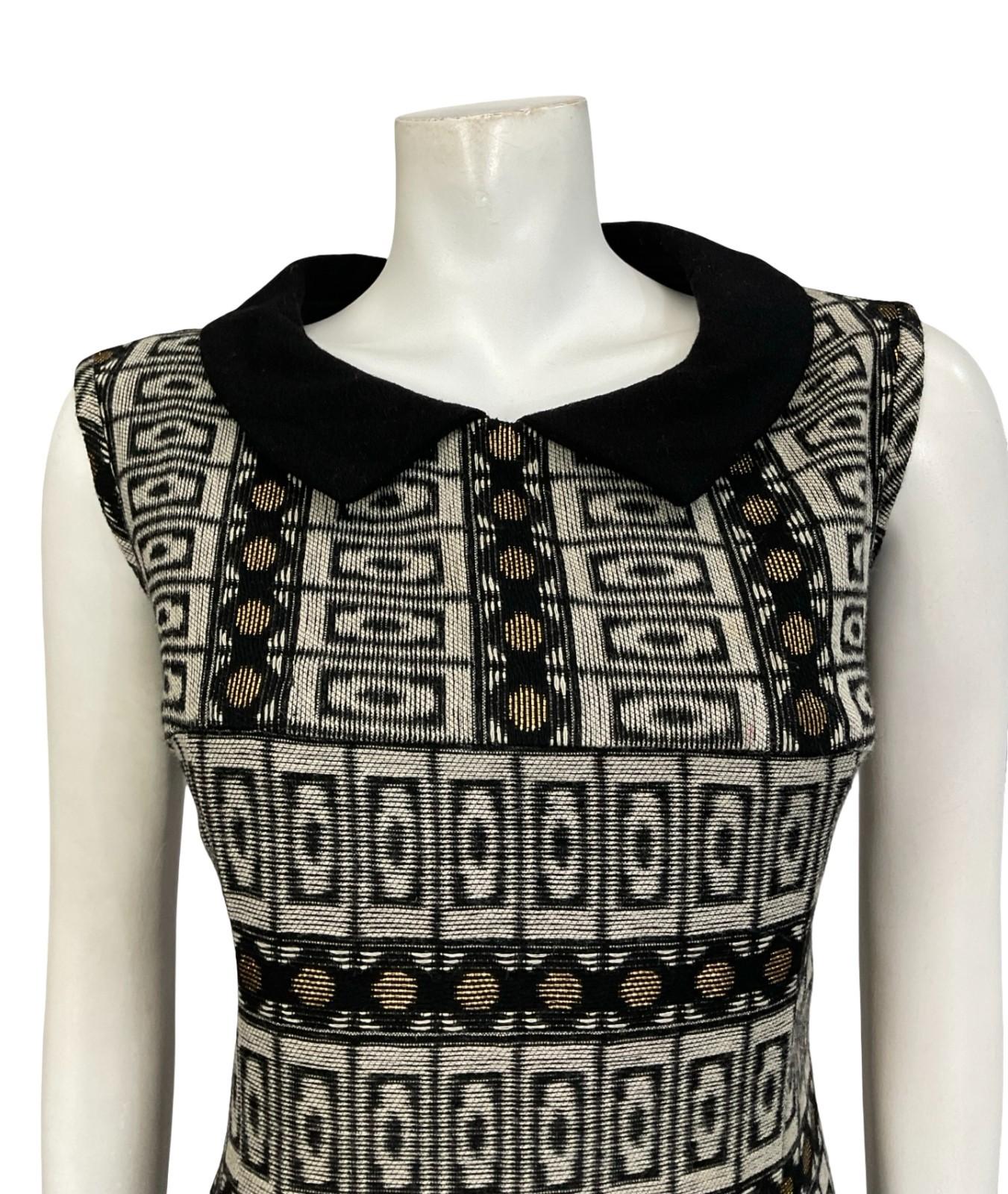VTG 60S 70S BLACK GREY GOLD MOD GEOMETRIC PETER PAN COLLAR SHIFT DRESS 12 14 M
