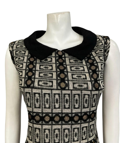 VTG 60S 70S BLACK GREY GOLD MOD GEOMETRIC PETER PAN COLLAR SHIFT DRESS 12 14 M