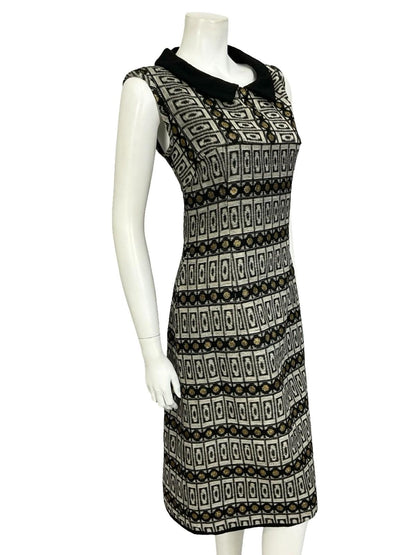 VTG 60S 70S BLACK GREY GOLD MOD GEOMETRIC PETER PAN COLLAR SHIFT DRESS 12 14 M