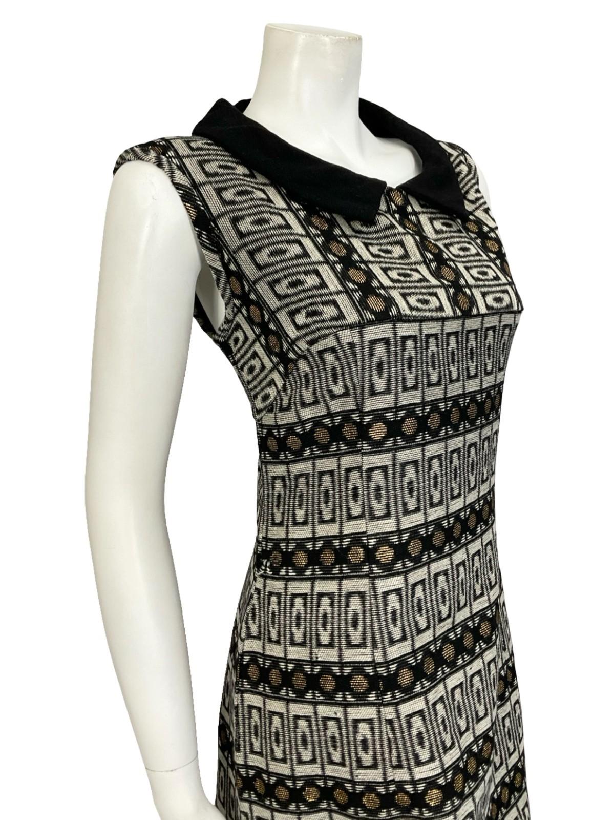 VTG 60S 70S BLACK GREY GOLD MOD GEOMETRIC PETER PAN COLLAR SHIFT DRESS 12 14 M