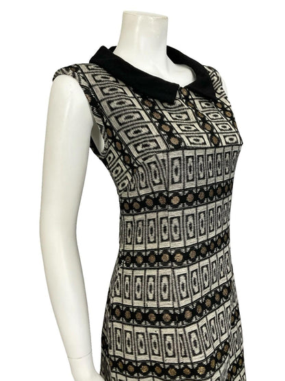 VTG 60S 70S BLACK GREY GOLD MOD GEOMETRIC PETER PAN COLLAR SHIFT DRESS 12 14 M