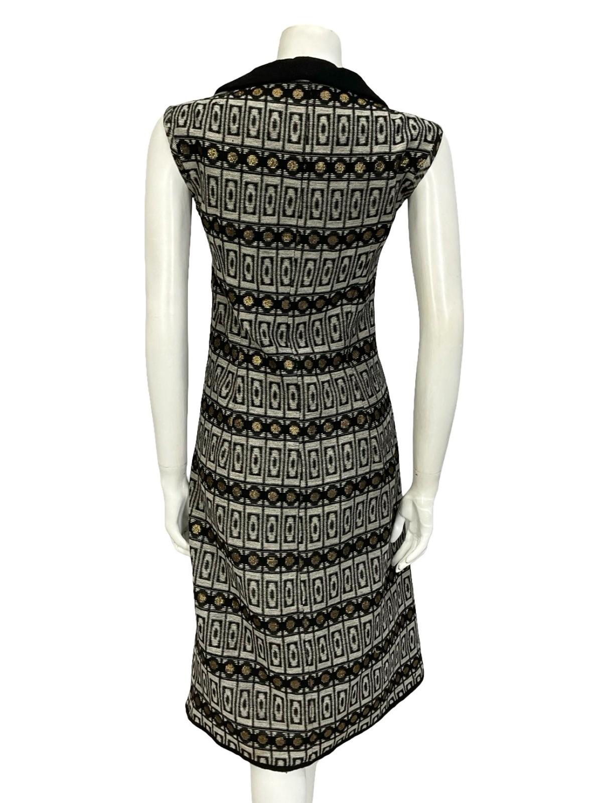 VTG 60S 70S BLACK GREY GOLD MOD GEOMETRIC PETER PAN COLLAR SHIFT DRESS 12 14 M