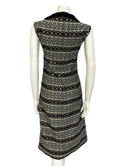 VTG 60S 70S BLACK GREY GOLD MOD GEOMETRIC PETER PAN COLLAR SHIFT DRESS 12 14 M