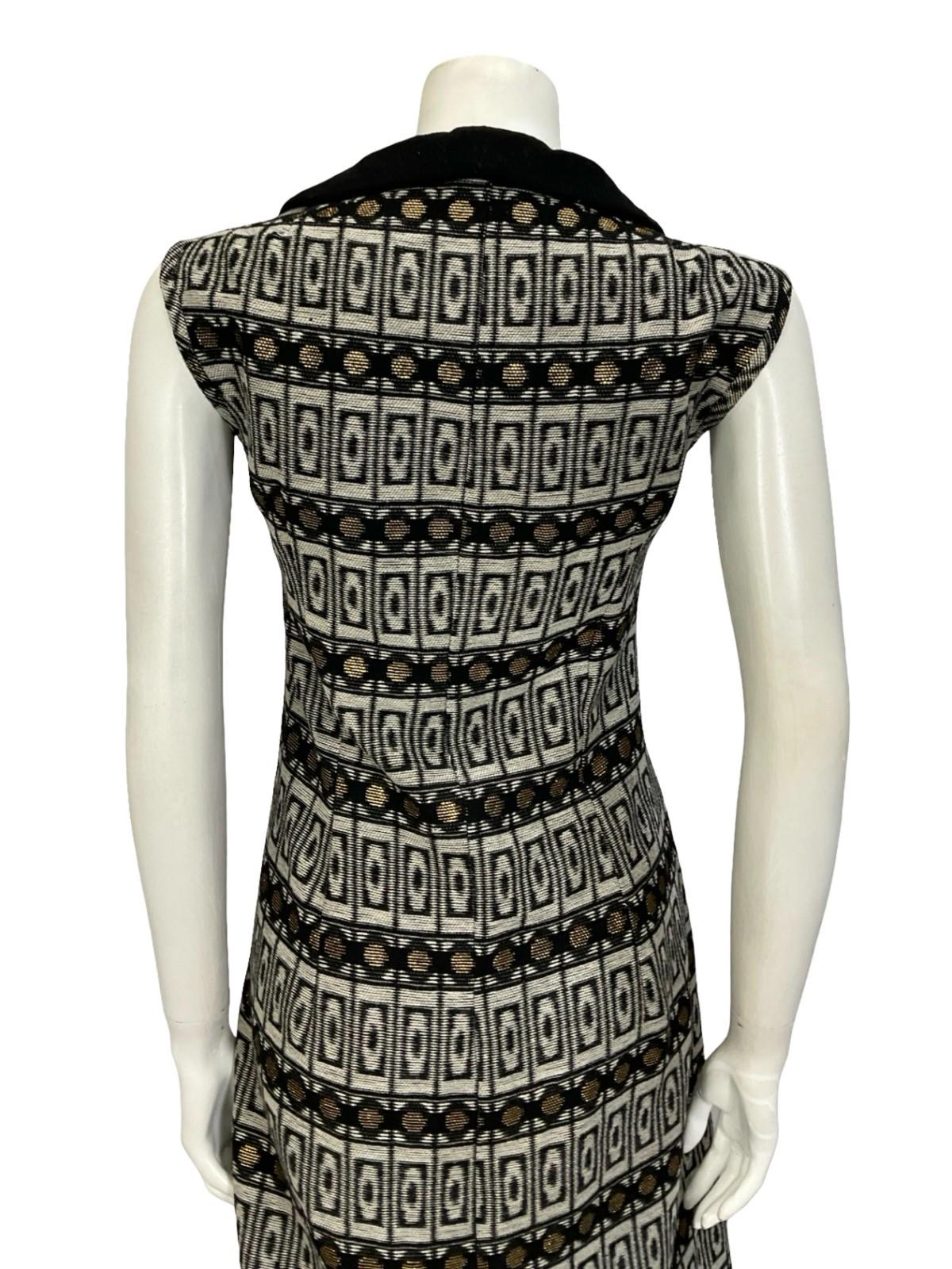 VTG 60S 70S BLACK GREY GOLD MOD GEOMETRIC PETER PAN COLLAR SHIFT DRESS 12 14 M