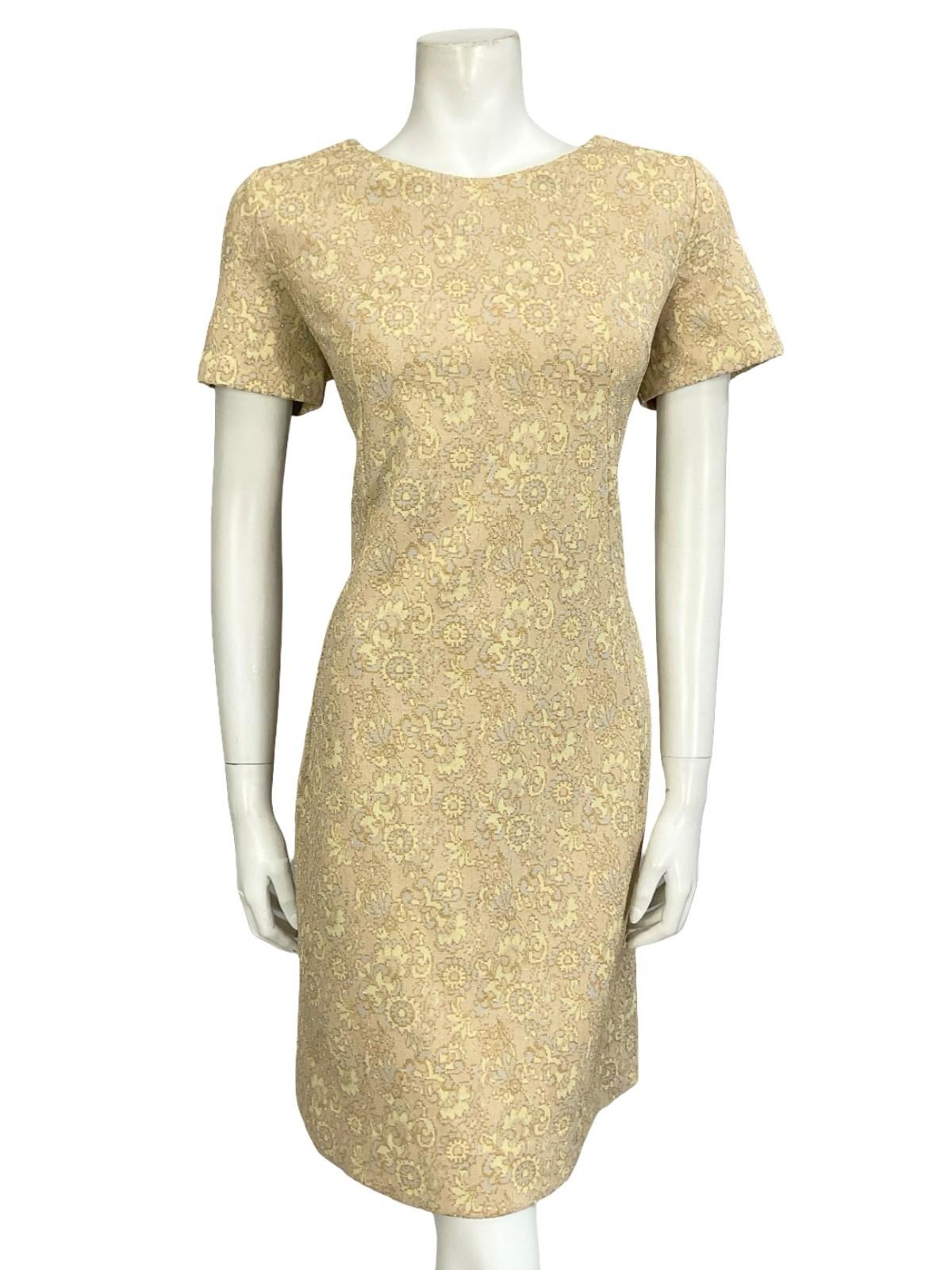 VTG 60S 70S BEIGE GOLD YELLOW GREY LUREX GLITTERY MOD PARTY SHIFT DRESS 12