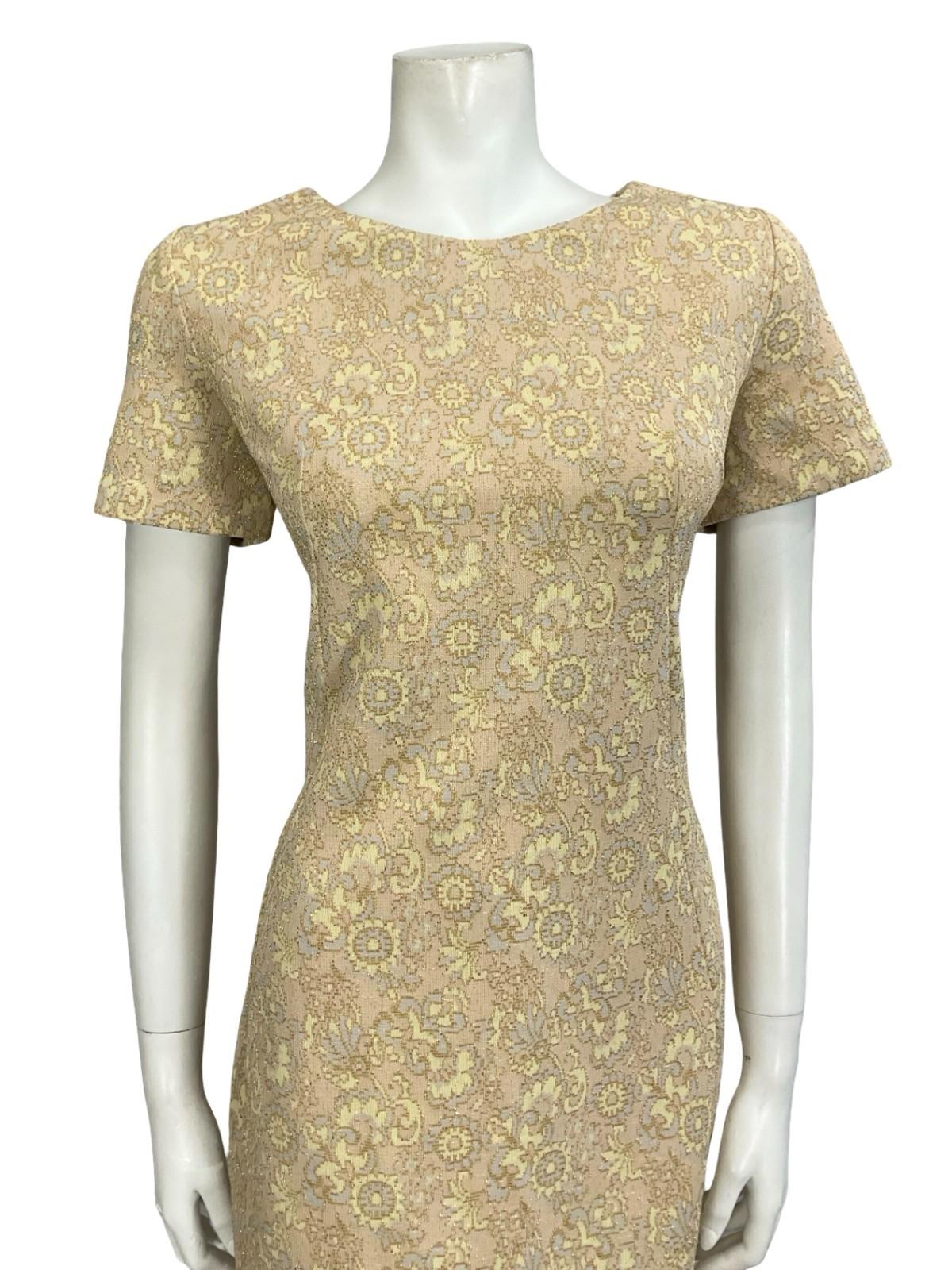 VTG 60S 70S BEIGE GOLD YELLOW GREY LUREX GLITTERY MOD PARTY SHIFT DRESS 12