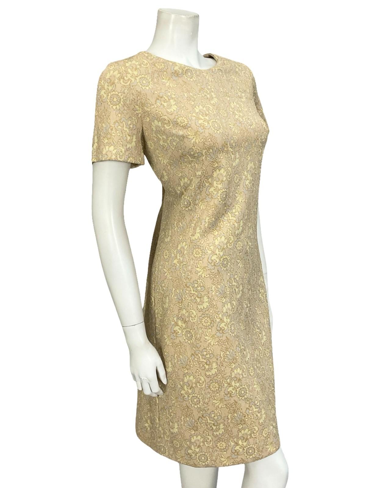 VTG 60S 70S BEIGE GOLD YELLOW GREY LUREX GLITTERY MOD PARTY SHIFT DRESS 12