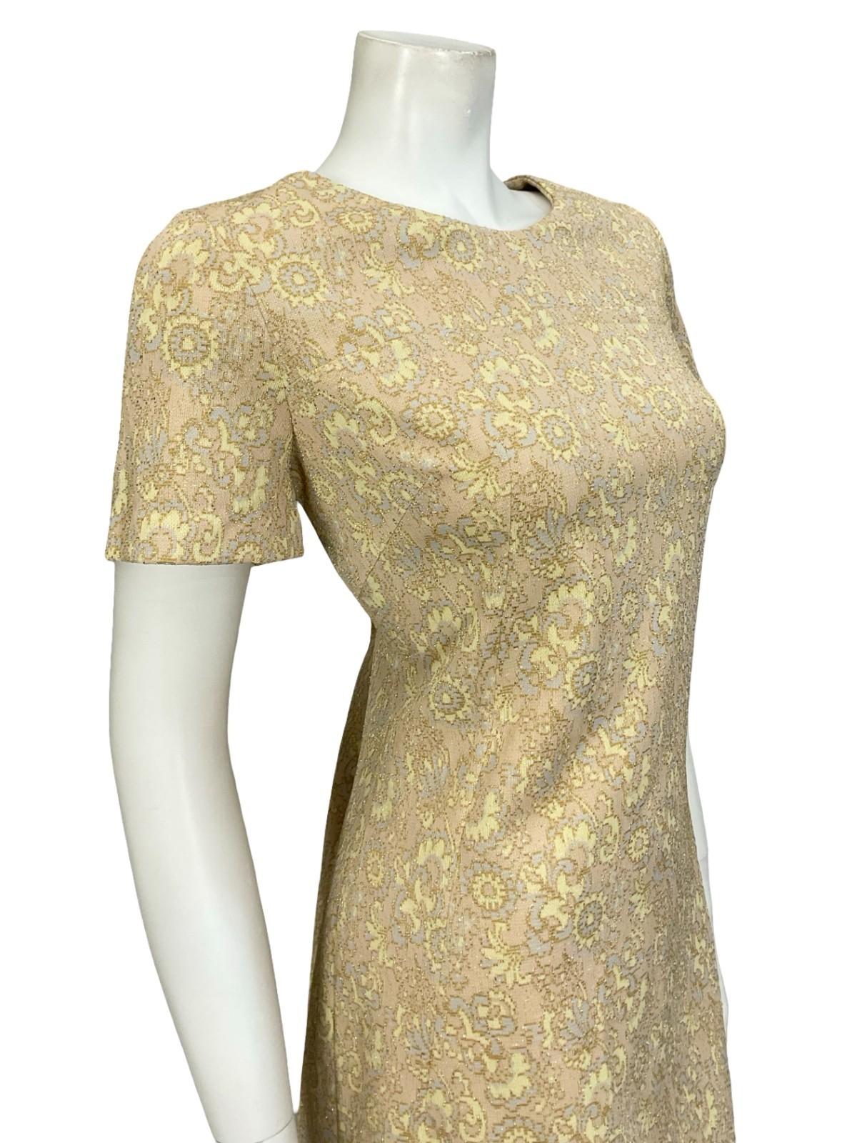 VTG 60S 70S BEIGE GOLD YELLOW GREY LUREX GLITTERY MOD PARTY SHIFT DRESS 12