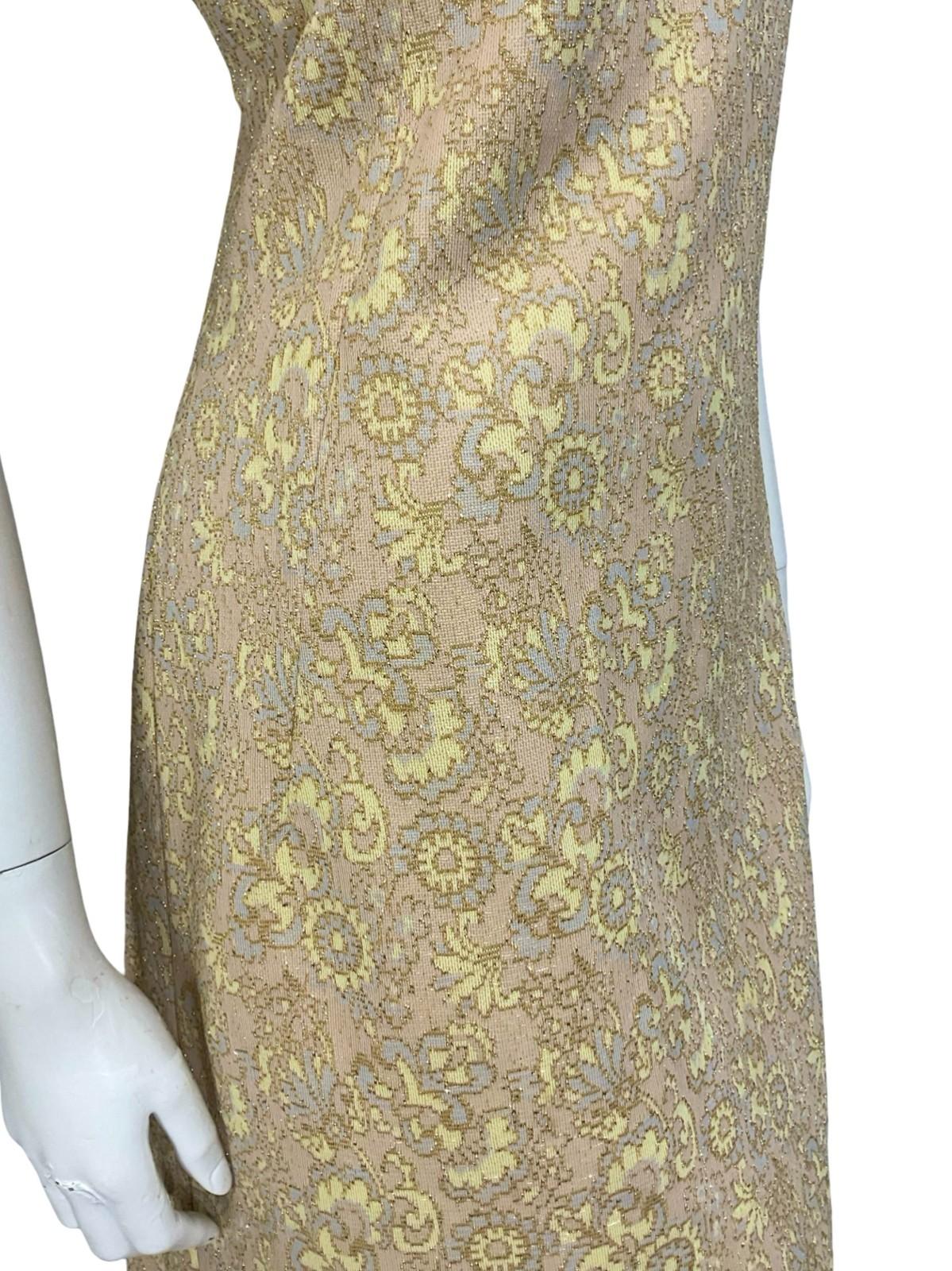 VTG 60S 70S BEIGE GOLD YELLOW GREY LUREX GLITTERY MOD PARTY SHIFT DRESS 12