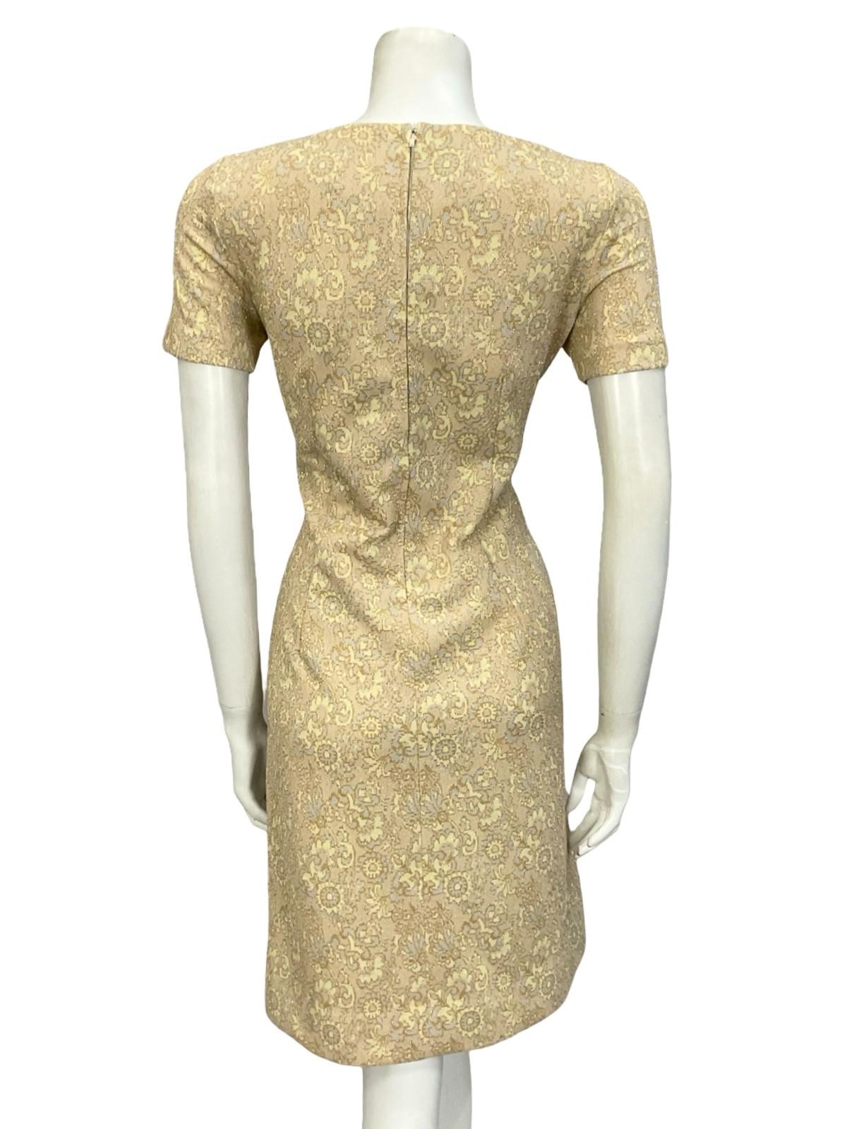 VTG 60S 70S BEIGE GOLD YELLOW GREY LUREX GLITTERY MOD PARTY SHIFT DRESS 12