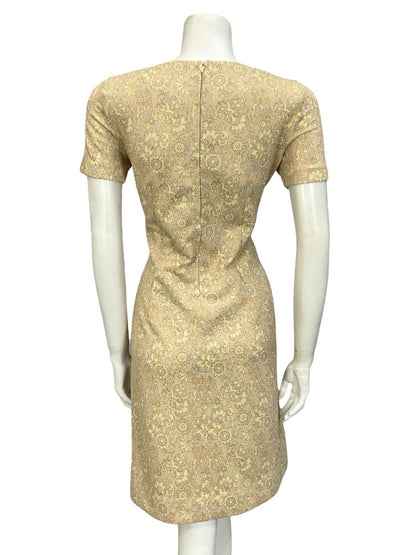 VTG 60S 70S BEIGE GOLD YELLOW GREY LUREX GLITTERY MOD PARTY SHIFT DRESS 12
