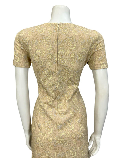 VTG 60S 70S BEIGE GOLD YELLOW GREY LUREX GLITTERY MOD PARTY SHIFT DRESS 12