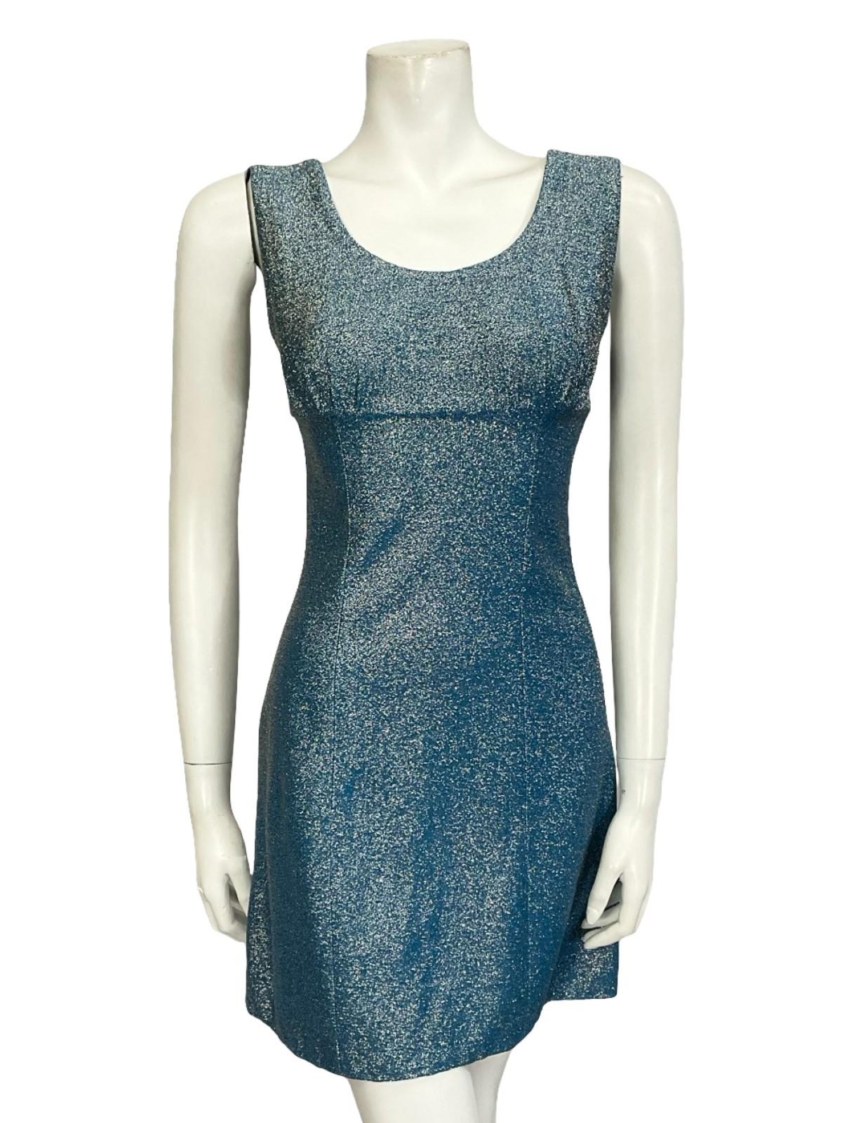 VTG 60S 70S BLUE SILVER MOD GOGO EMPIRE LUREX PARTY GLITTER MINI PARTY DRESS 4 6