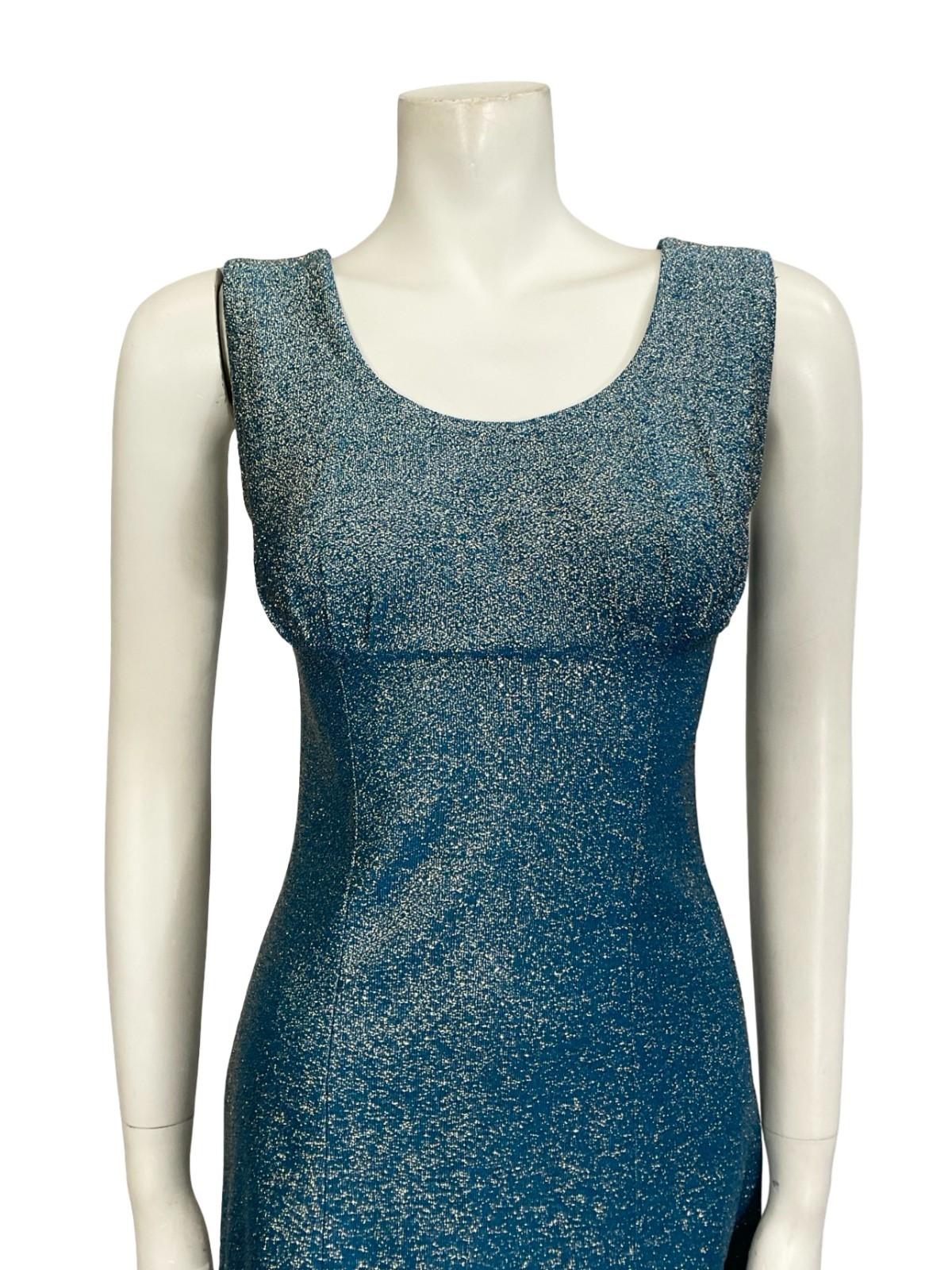 VTG 60S 70S BLUE SILVER MOD GOGO EMPIRE LUREX PARTY GLITTER MINI PARTY DRESS 4 6