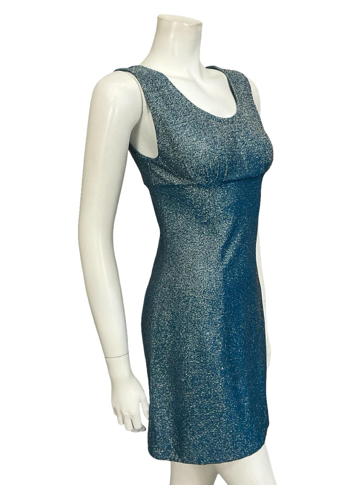 VTG 60S 70S BLUE SILVER MOD GOGO EMPIRE LUREX PARTY GLITTER MINI PARTY DRESS 4 6