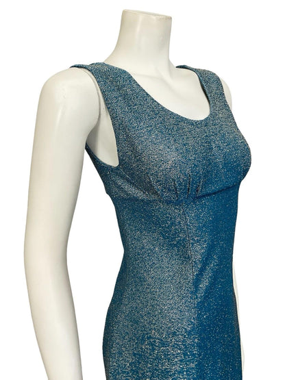 VTG 60S 70S BLUE SILVER MOD GOGO EMPIRE LUREX PARTY GLITTER MINI PARTY DRESS 4 6