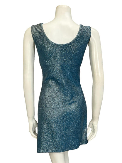 VTG 60S 70S BLUE SILVER MOD GOGO EMPIRE LUREX PARTY GLITTER MINI PARTY DRESS 4 6