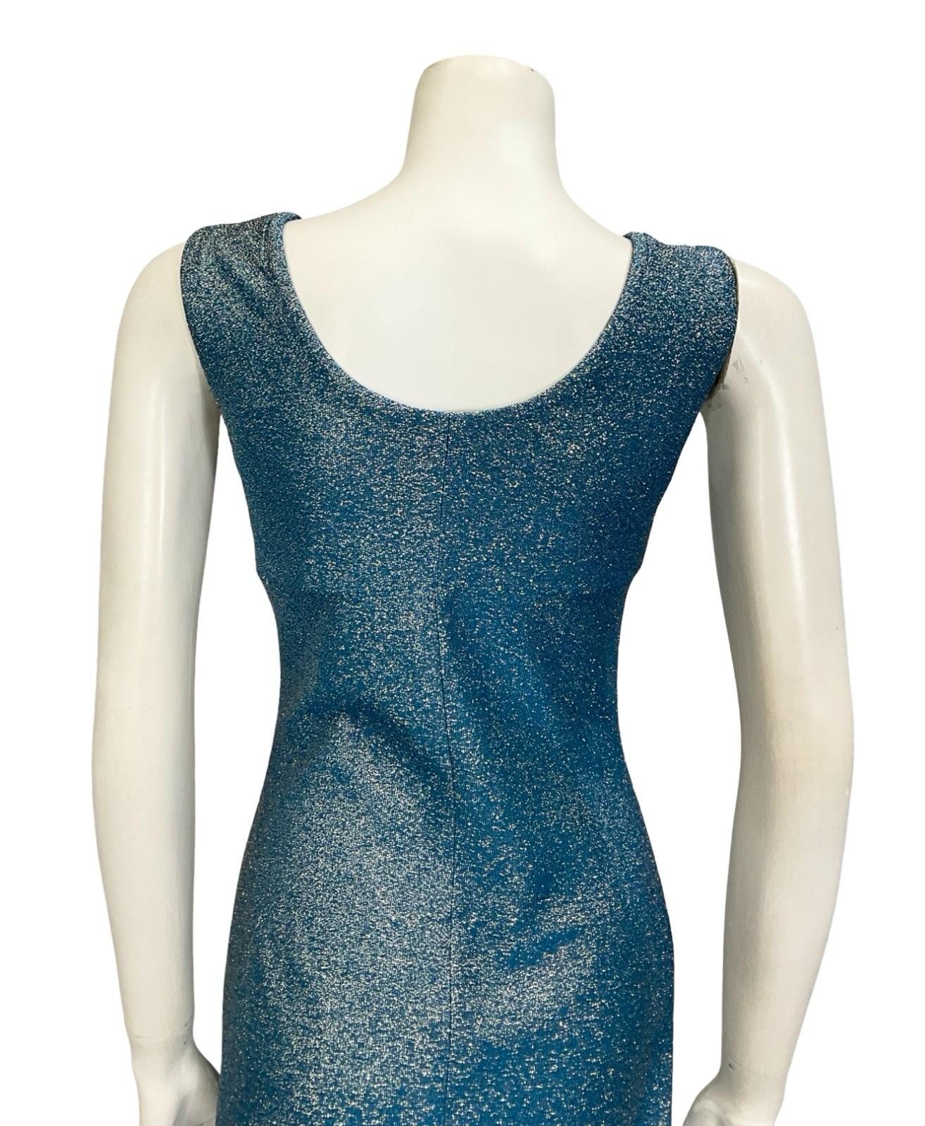 VTG 60S 70S BLUE SILVER MOD GOGO EMPIRE LUREX PARTY GLITTER MINI PARTY DRESS 4 6