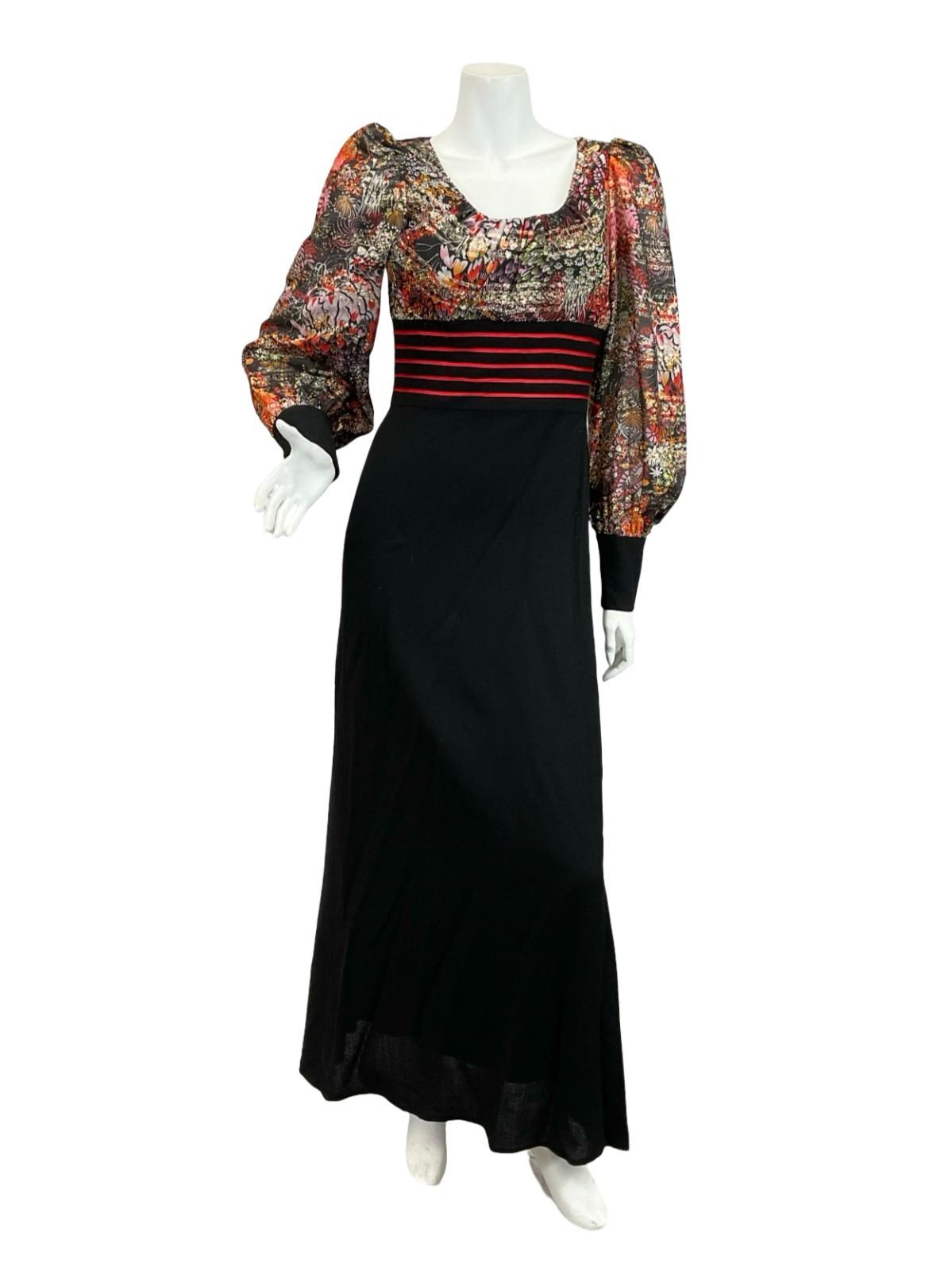 VTG 60S 70S BLACK RED PINK ORANGE GOLD FLORAL BISHOP SLEEVE PARTY MAXI DRESS 6