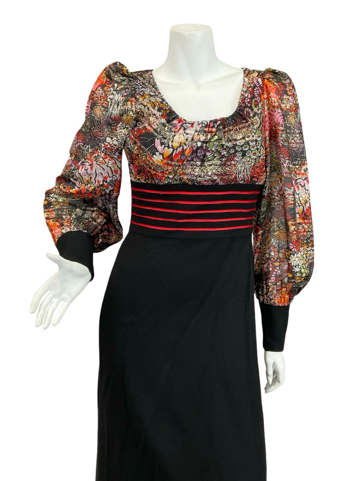 VTG 60S 70S BLACK RED PINK ORANGE GOLD FLORAL BISHOP SLEEVE PARTY MAXI DRESS 6