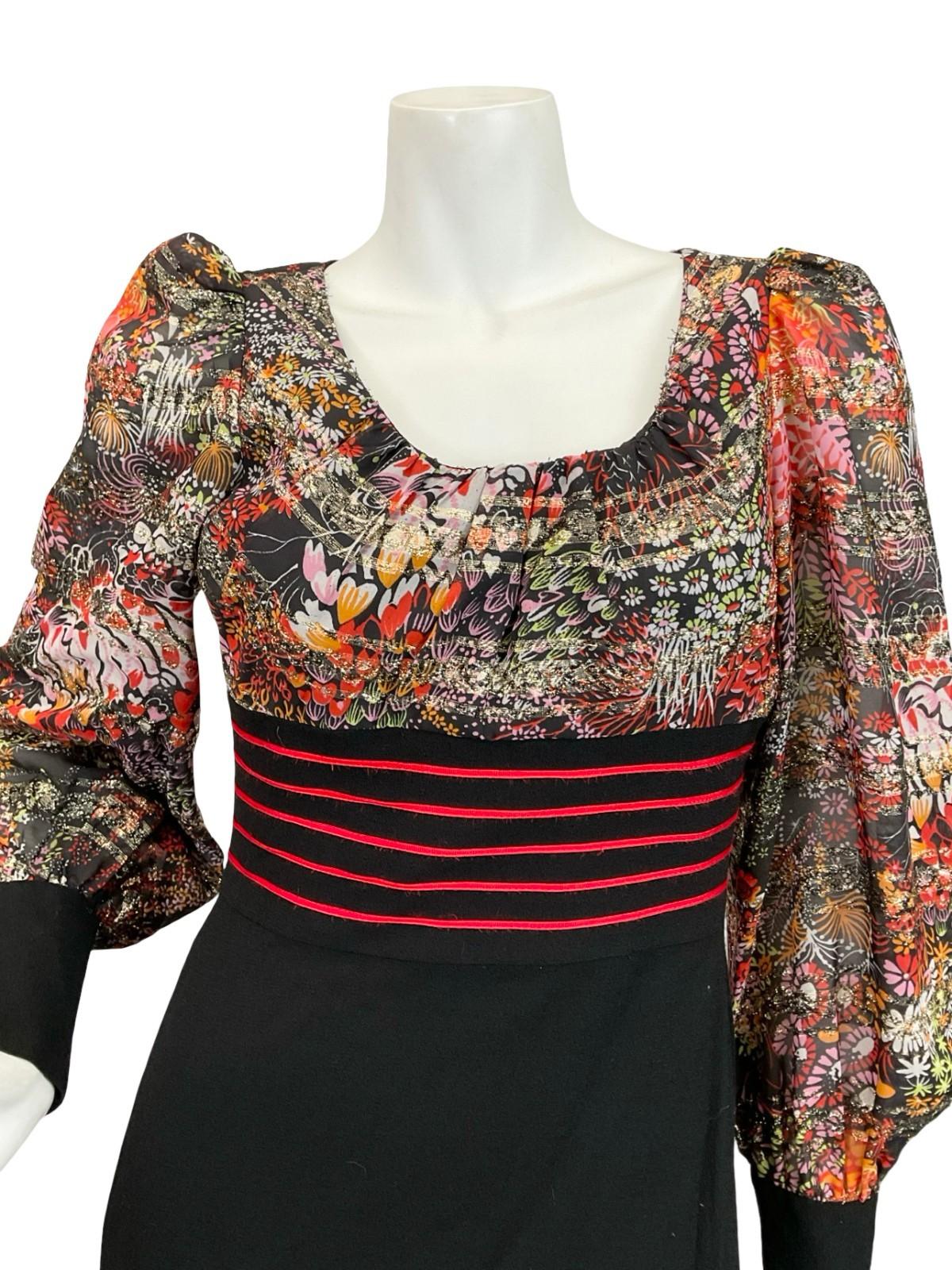 VTG 60S 70S BLACK RED PINK ORANGE GOLD FLORAL BISHOP SLEEVE PARTY MAXI DRESS 6