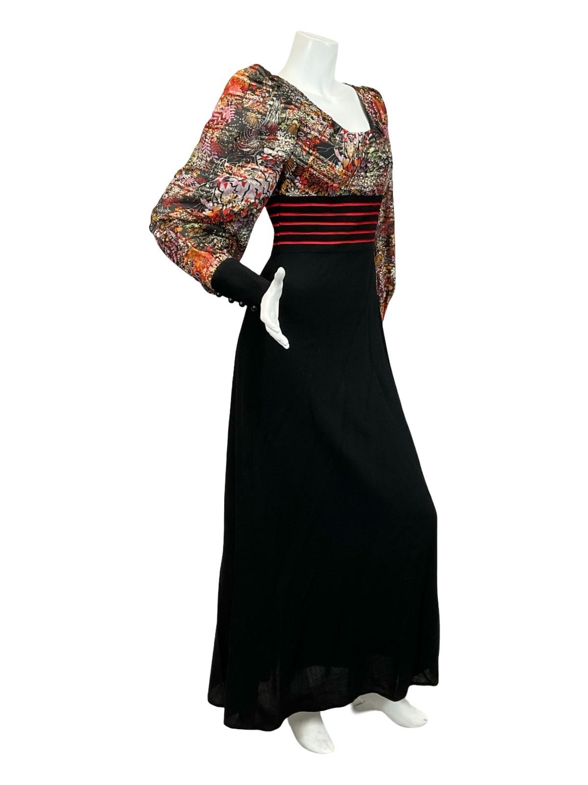 VTG 60S 70S BLACK RED PINK ORANGE GOLD FLORAL BISHOP SLEEVE PARTY MAXI DRESS 6