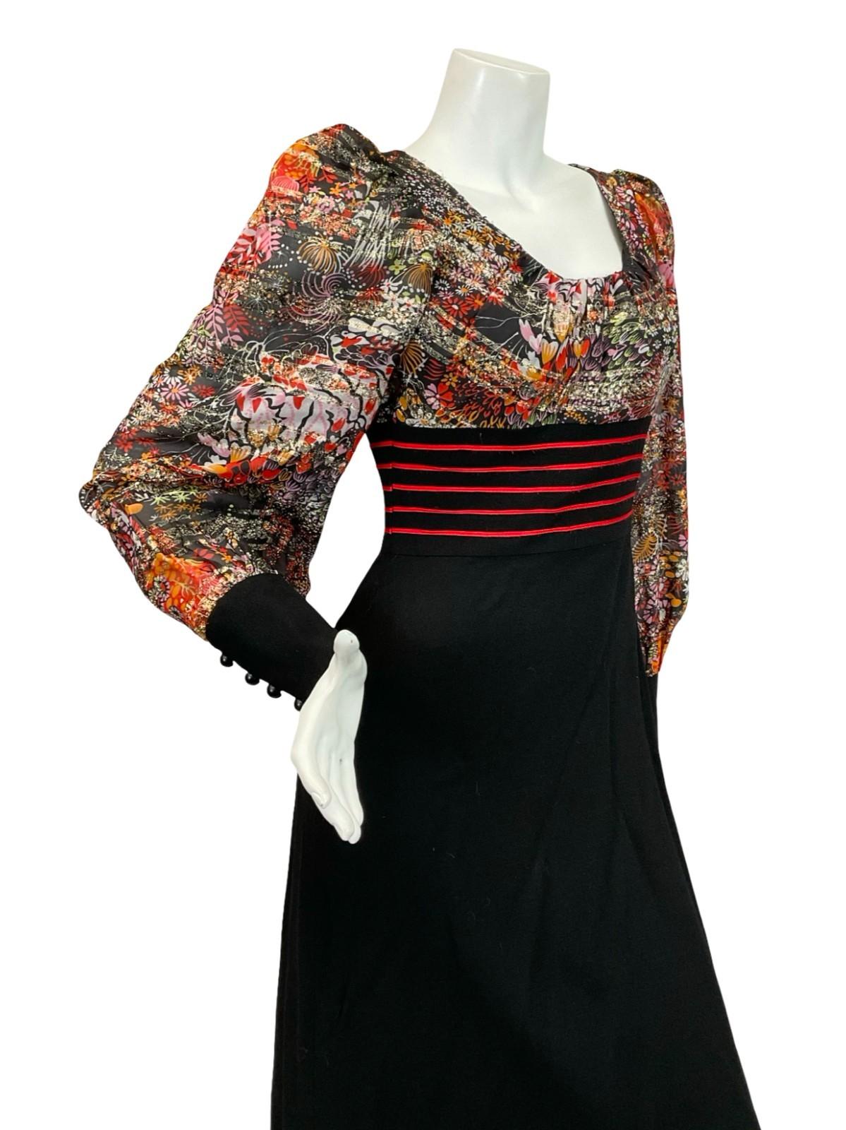 VTG 60S 70S BLACK RED PINK ORANGE GOLD FLORAL BISHOP SLEEVE PARTY MAXI DRESS 6