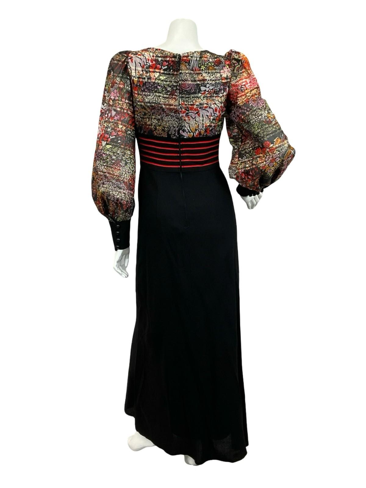 VTG 60S 70S BLACK RED PINK ORANGE GOLD FLORAL BISHOP SLEEVE PARTY MAXI DRESS 6