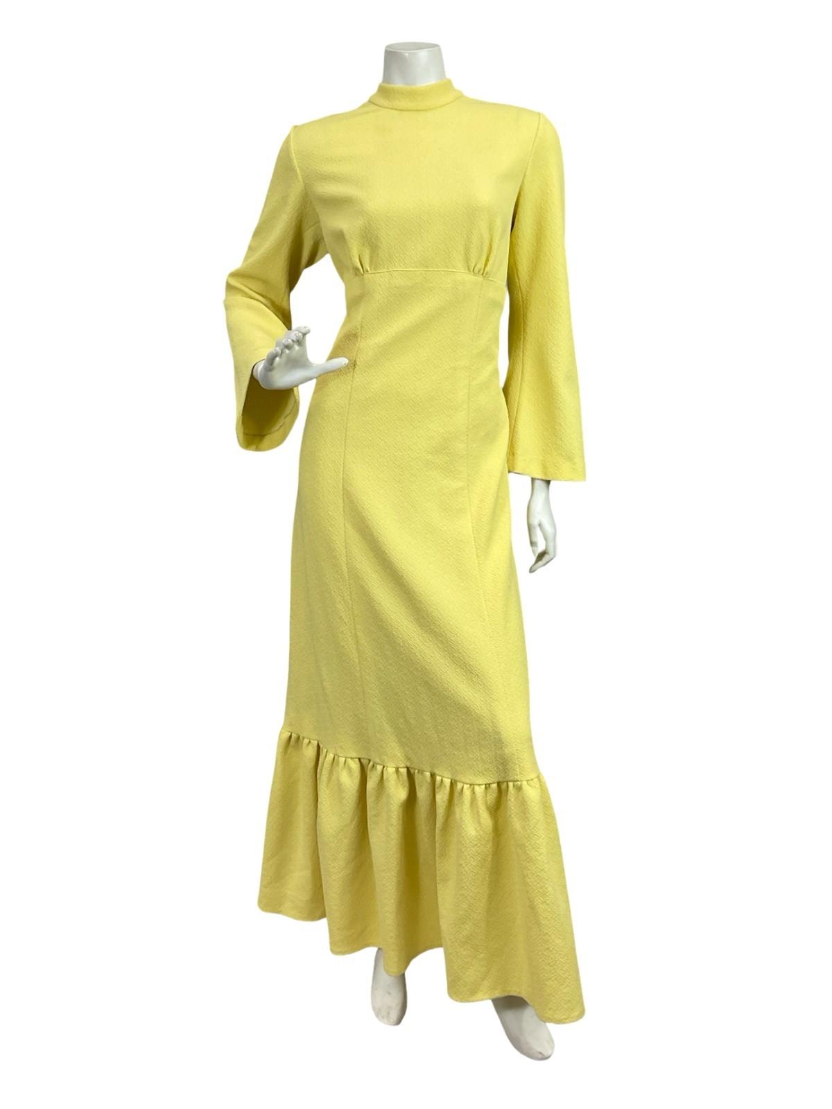 VTG 60S 70S BUTTERCUP YELLOW BOHO HIPPY BELL SLEEVE EMPIRE RUFFLE MAXI DRESS 12
