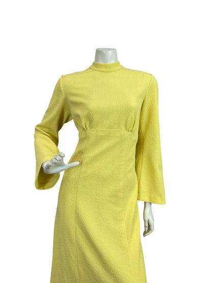 VTG 60S 70S BUTTERCUP YELLOW BOHO HIPPY BELL SLEEVE EMPIRE RUFFLE MAXI DRESS 12