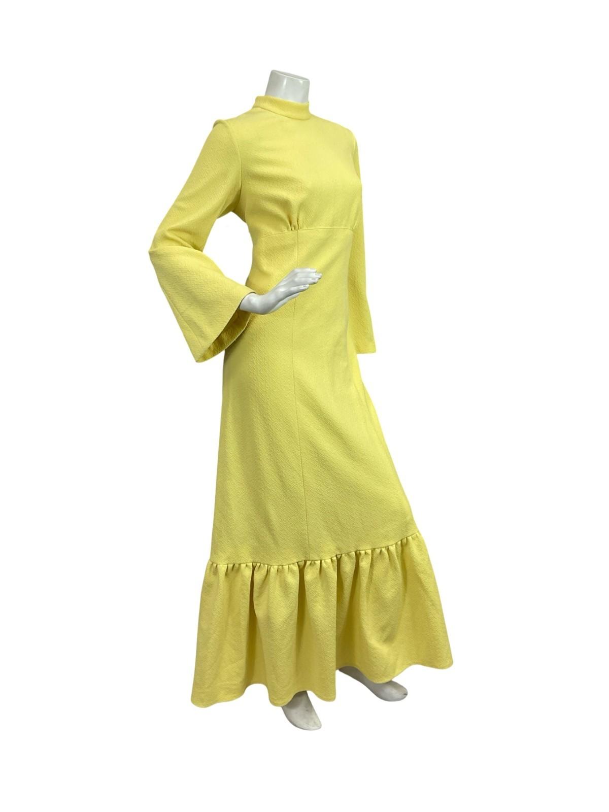 VTG 60S 70S BUTTERCUP YELLOW BOHO HIPPY BELL SLEEVE EMPIRE RUFFLE MAXI DRESS 12