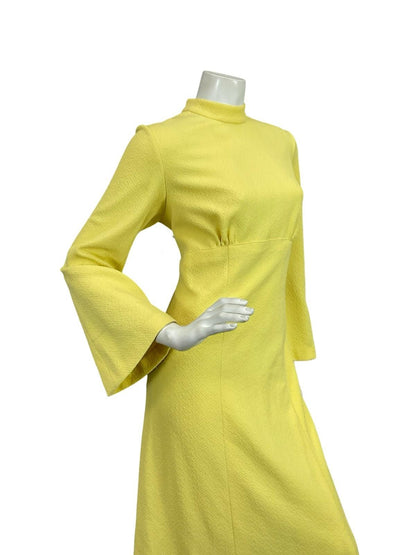 VTG 60S 70S BUTTERCUP YELLOW BOHO HIPPY BELL SLEEVE EMPIRE RUFFLE MAXI DRESS 12